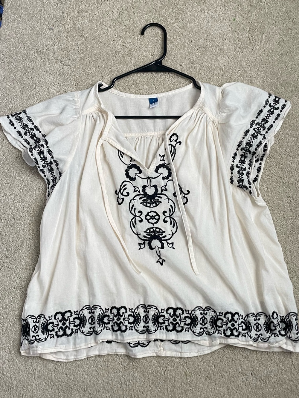 Old Navy Ivory Peasant Top with Black Embroidery